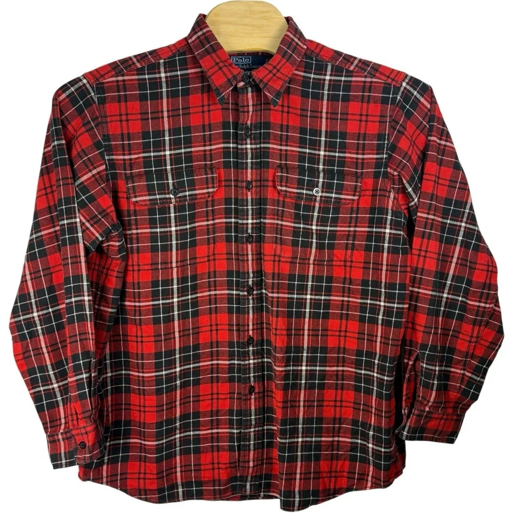 Vintage Polo Ralph Lauren Mens Large‎ Red Black Buffalo Plaid Flannel Workshirt